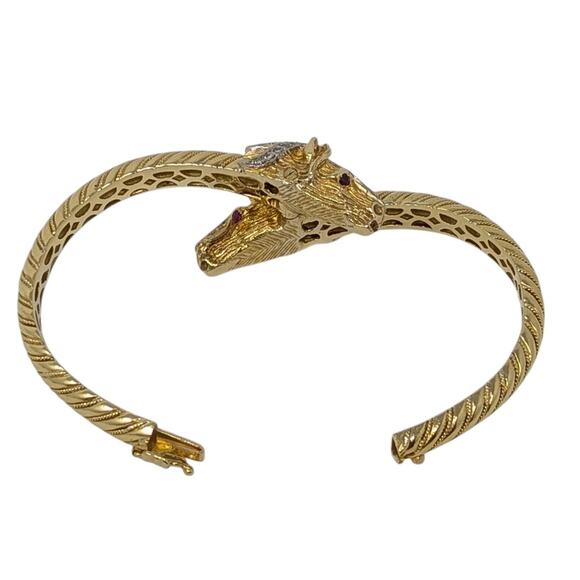 18K Gold Double Horse Head Diamond Ruby Bypass Bangle Bracelet Yellow Gold - Picture 5 of 16